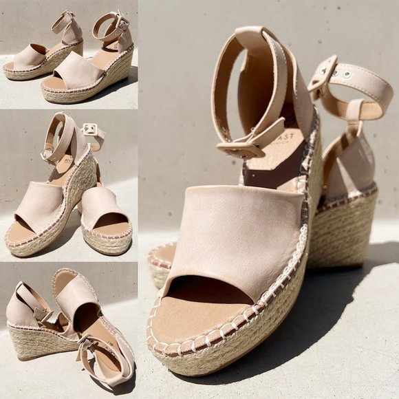 NEW Sand Nude Faux Leather Ankle Buckle Strap Espadrille Platform Wedge Sandals - Picture 11 of 13